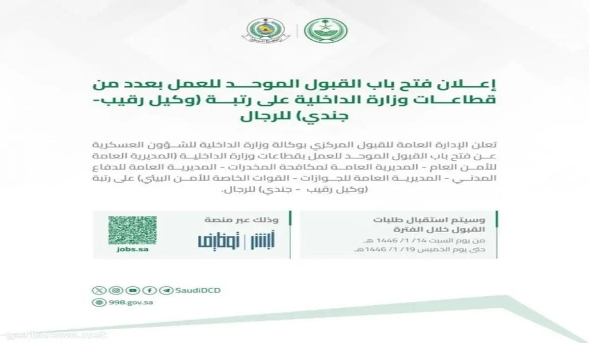 وزارة الداخلية توضح موعد فتح باب القبول الموحد رتبة جندي ووكيل رقيب 1446